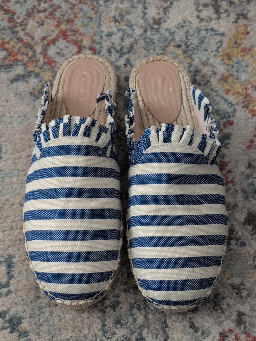Kate Spade Blue and White Striped Slip-On Espadrille Mules